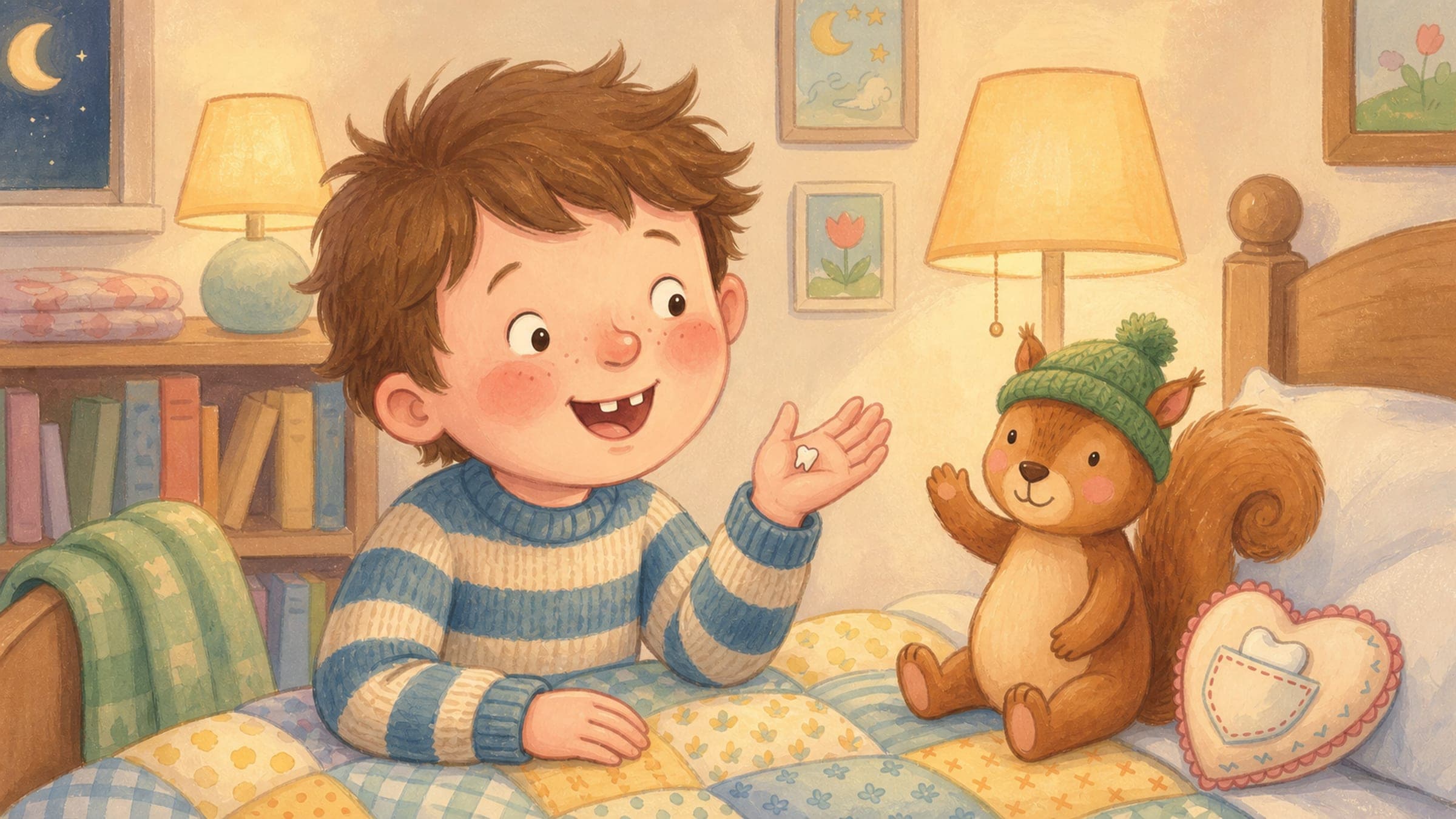 An excited boy with a gap-toothed grin holding his first lost tooth with a stuffed squirrel, in a warm storybook illustration