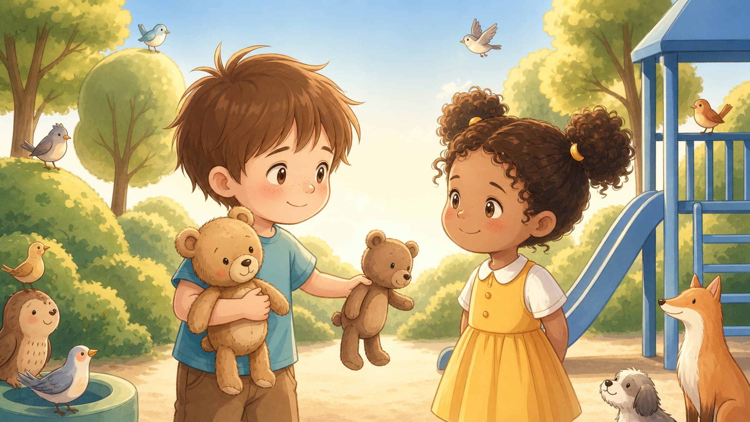Two kids meeting on a playground and sharing a toy as a friendship begins, with a stuffed bear, in a warm storybook illustration