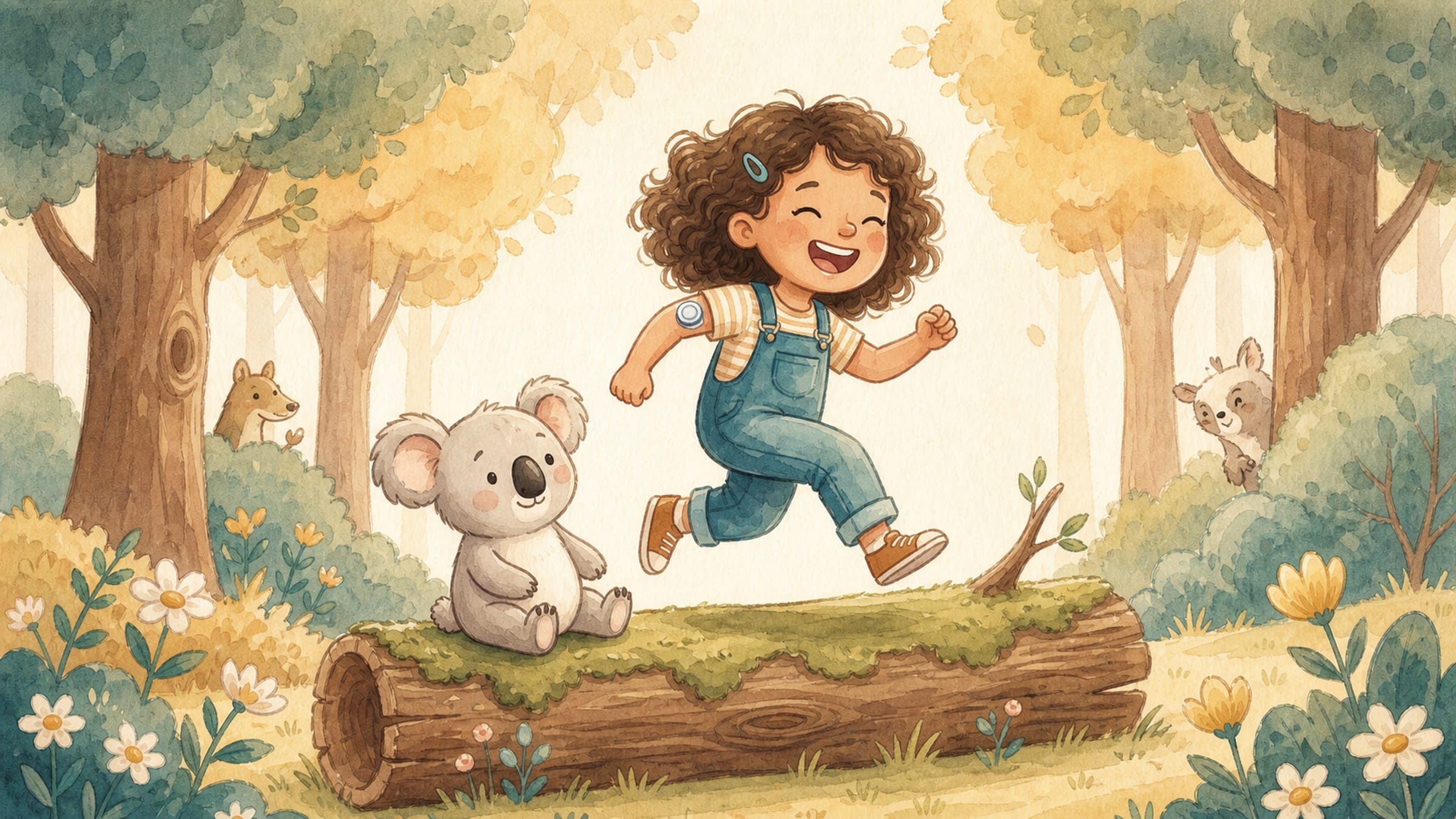 A happy active girl with a small glucose monitor on her arm playing with a stuffed koala, in a warm storybook illustration