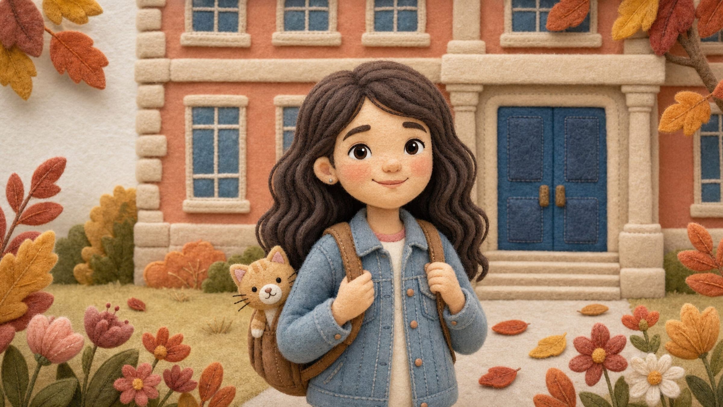 A brave older child with a backpack in front of a middle school building with a stuffed cat, in a warm storybook illustration