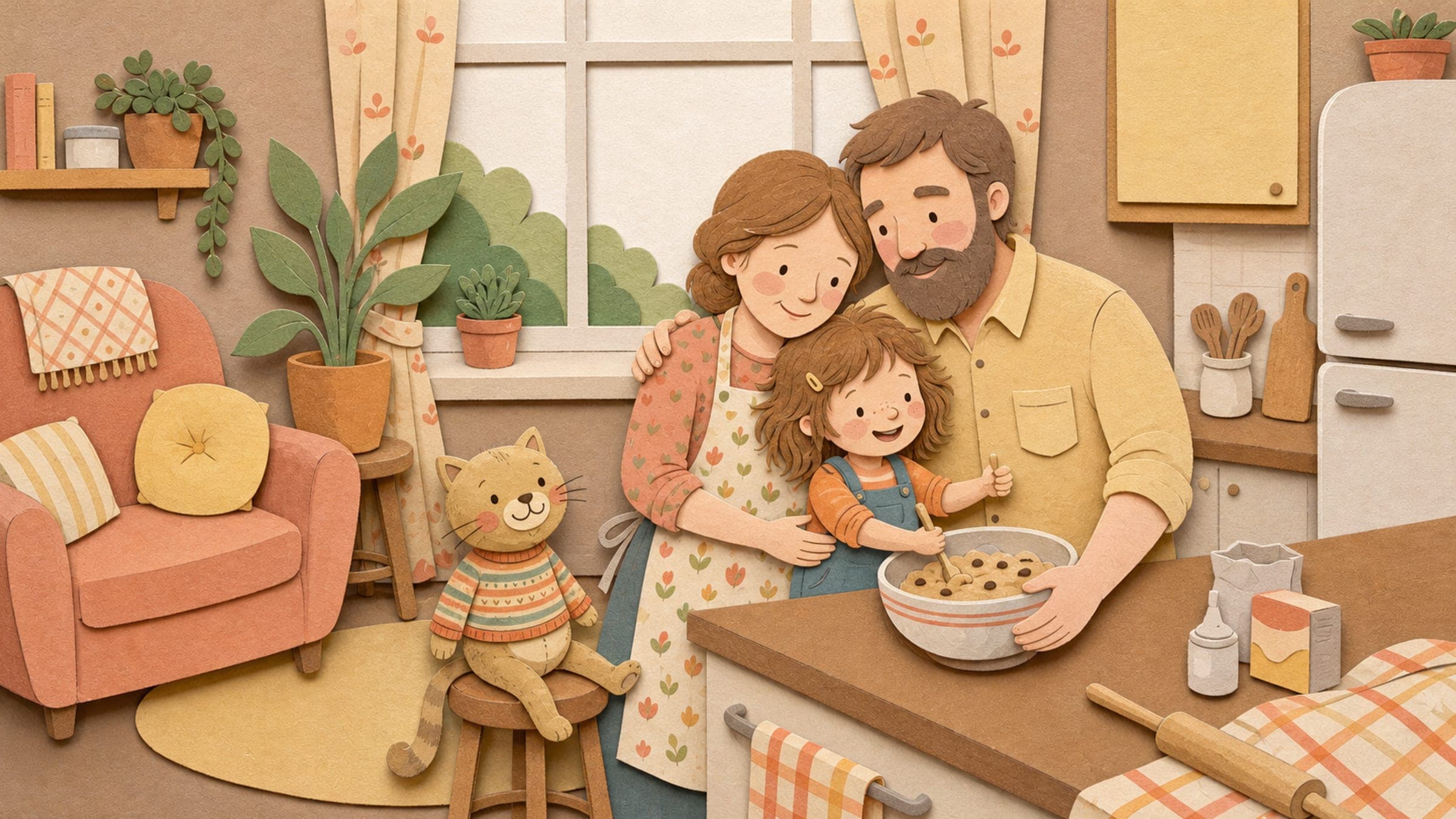A girl and a kind new stepparent baking cookies together with a stuffed cat, in a warm storybook illustration