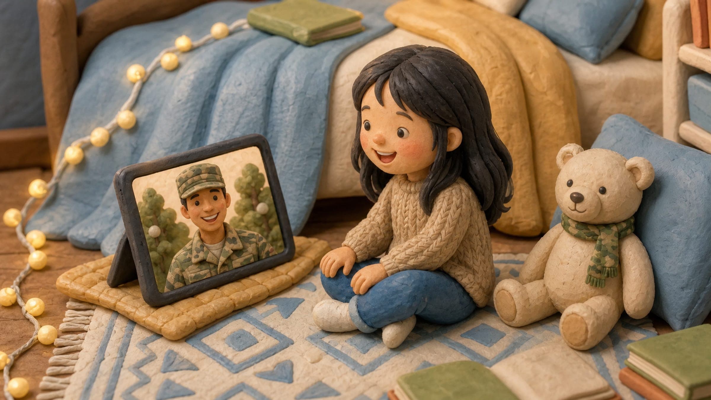 A girl on a video call with her deployed parent beside a countdown calendar and matching teddy bear, in a warm storybook illustration