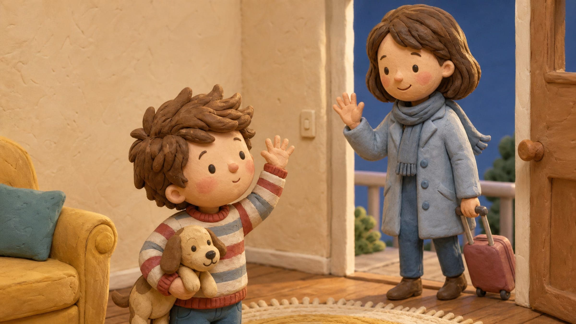 A boy waving warmly to a parent leaving on a work trip with a suitcase, a countdown calendar and stuffed dog nearby, in a warm storybook illustration
