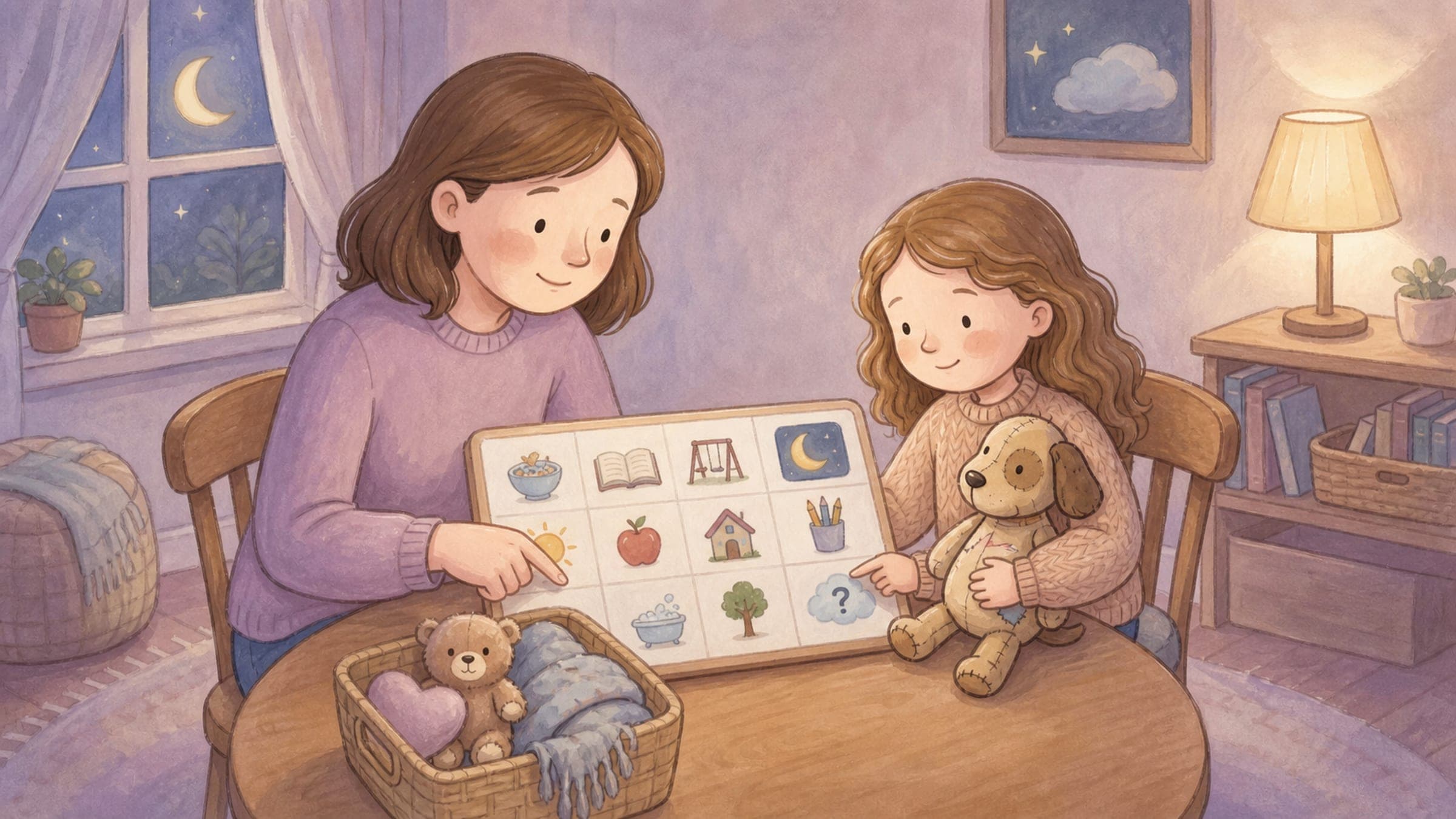 A girl feeling safe and loved between both parents holding a comforting stuffed dog, in a gentle storybook illustration