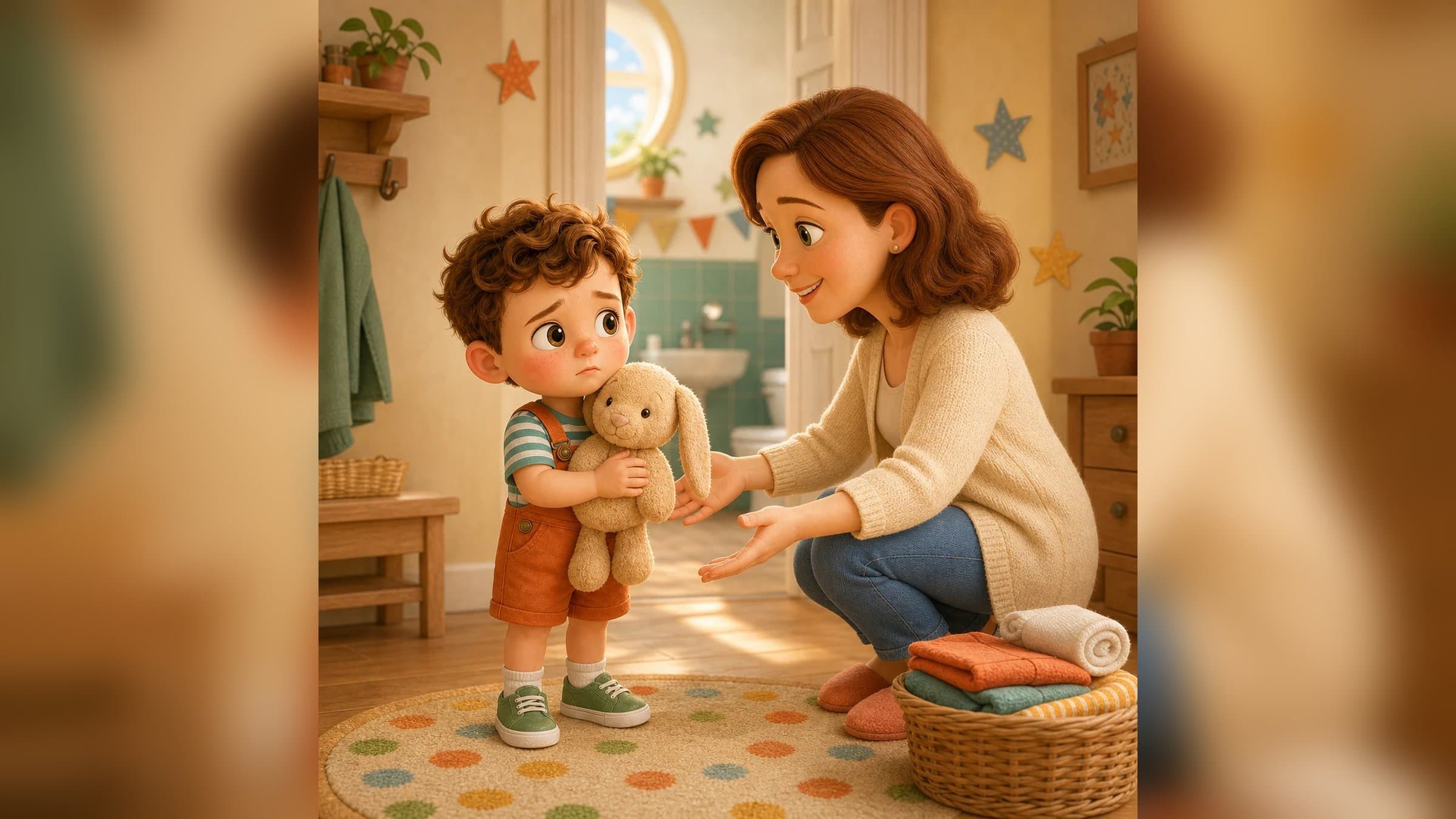 A worried toddler boy holding a stuffed bunny while his mother kneels beside him with a basket of folded clean clothes, in a warm storybook bathroom illustration