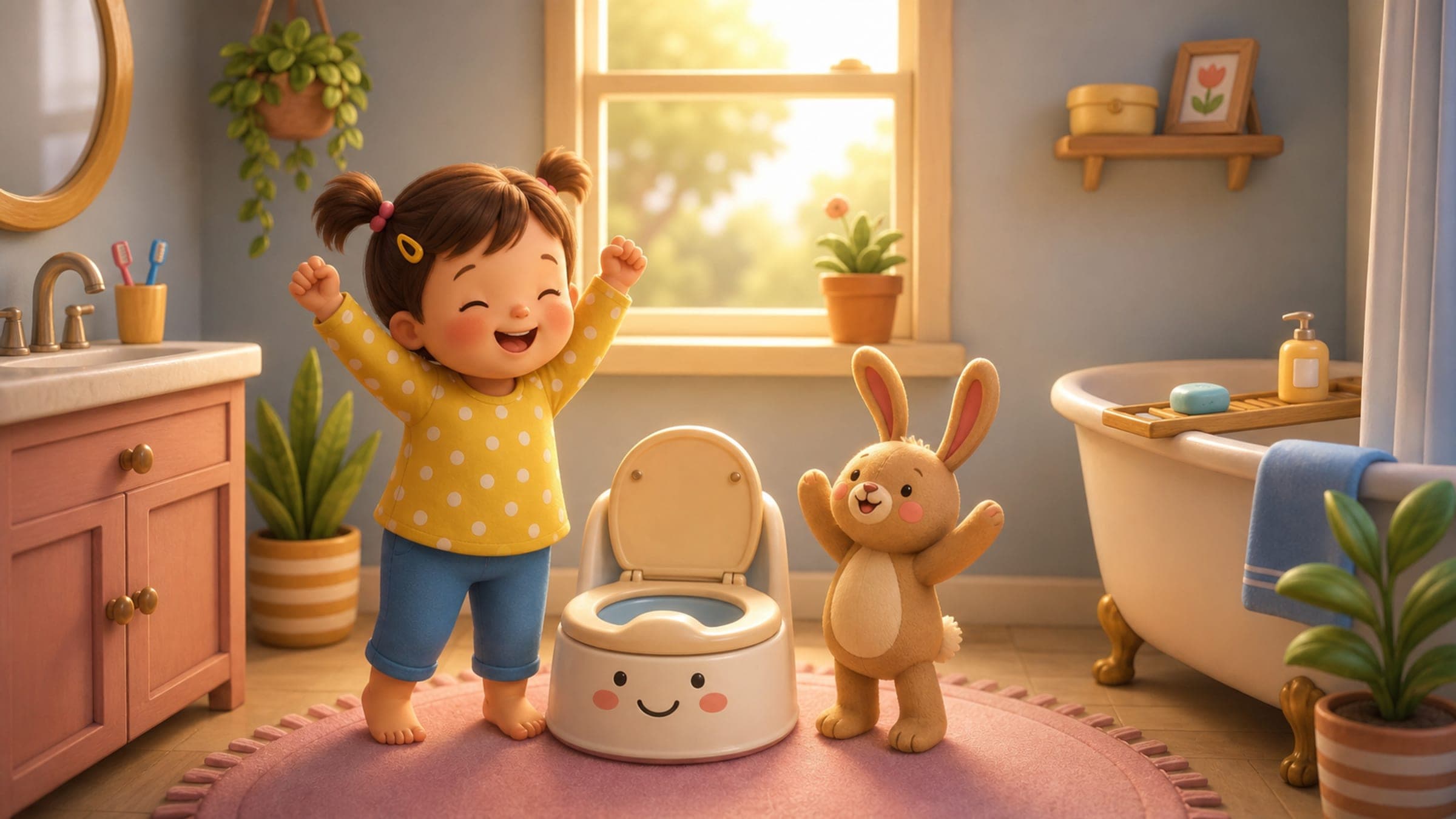 A proud toddler standing next to her potty with a stuffed bunny cheering her on, in a warm storybook illustration