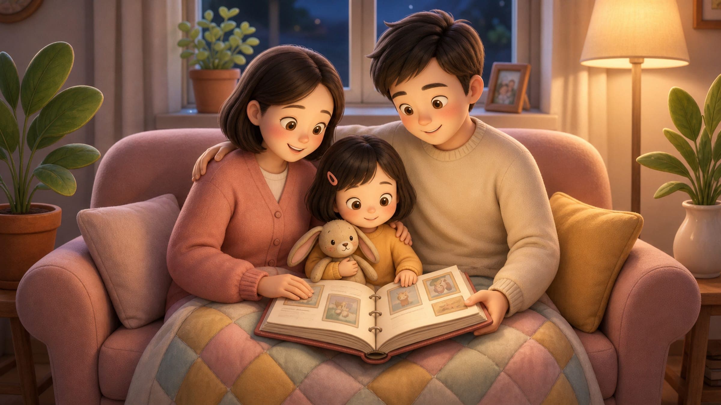 A curious girl snuggling with her loving adoptive family looking at a photo album, with a stuffed rabbit, in a warm storybook illustration
