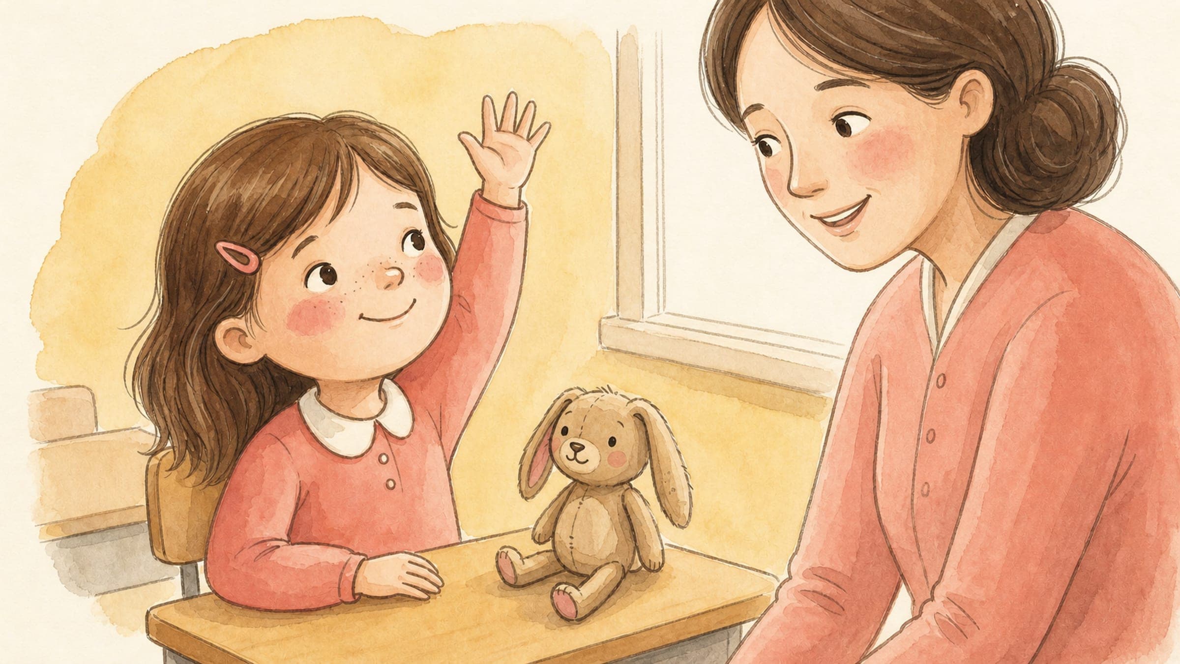 A brave girl raising her hand for the first time in class with a kind teacher and a stuffed rabbit, in a warm storybook illustration