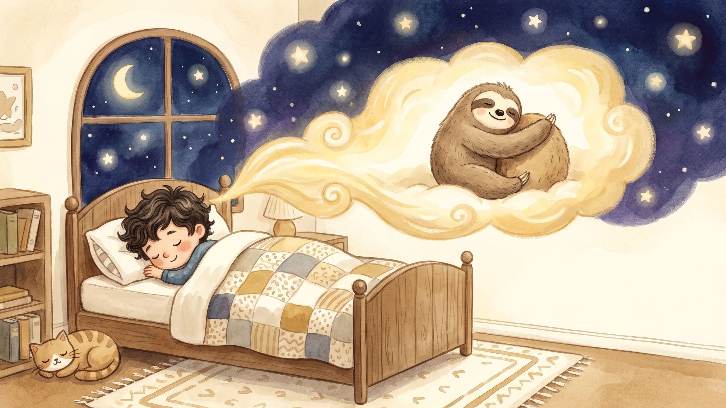 A boy sleeping peacefully with a happy dream glow and a stuffed sloth, in a warm storybook illustration