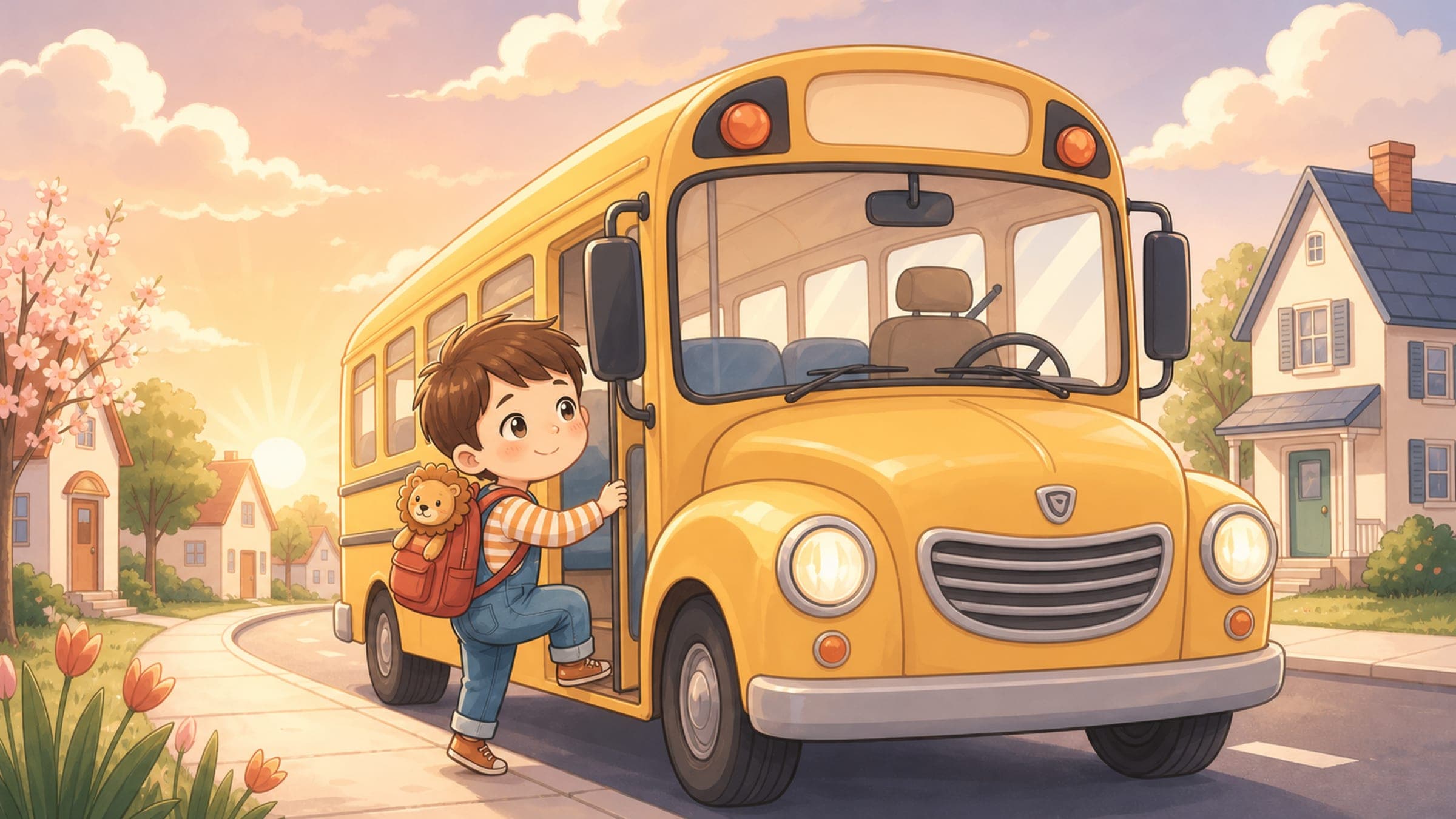 A brave boy stepping onto a yellow school bus with a stuffed lion in his backpack, in a warm storybook illustration