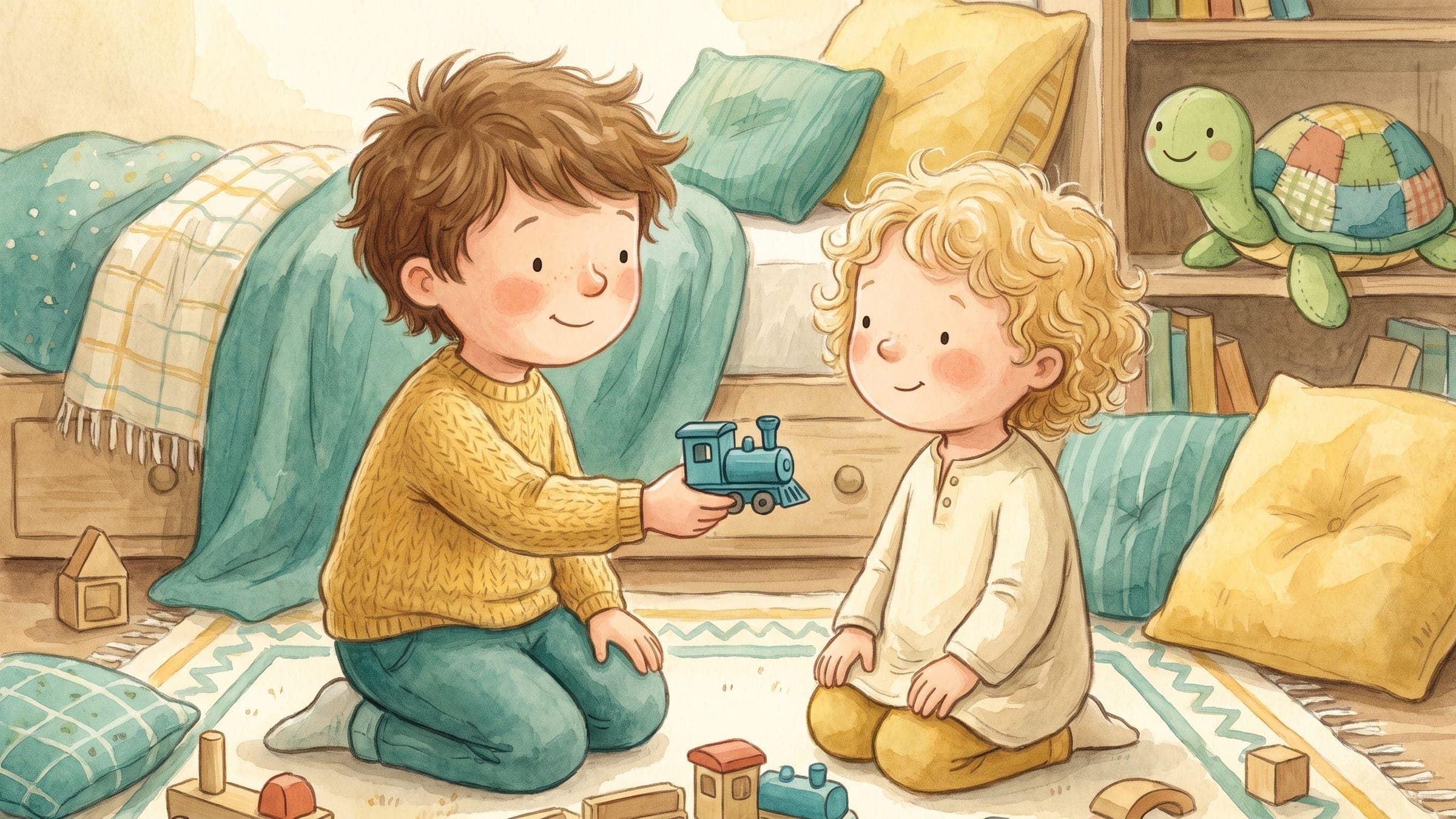 A boy happily sharing his favorite toy with another child and a stuffed turtle, in a warm storybook illustration
