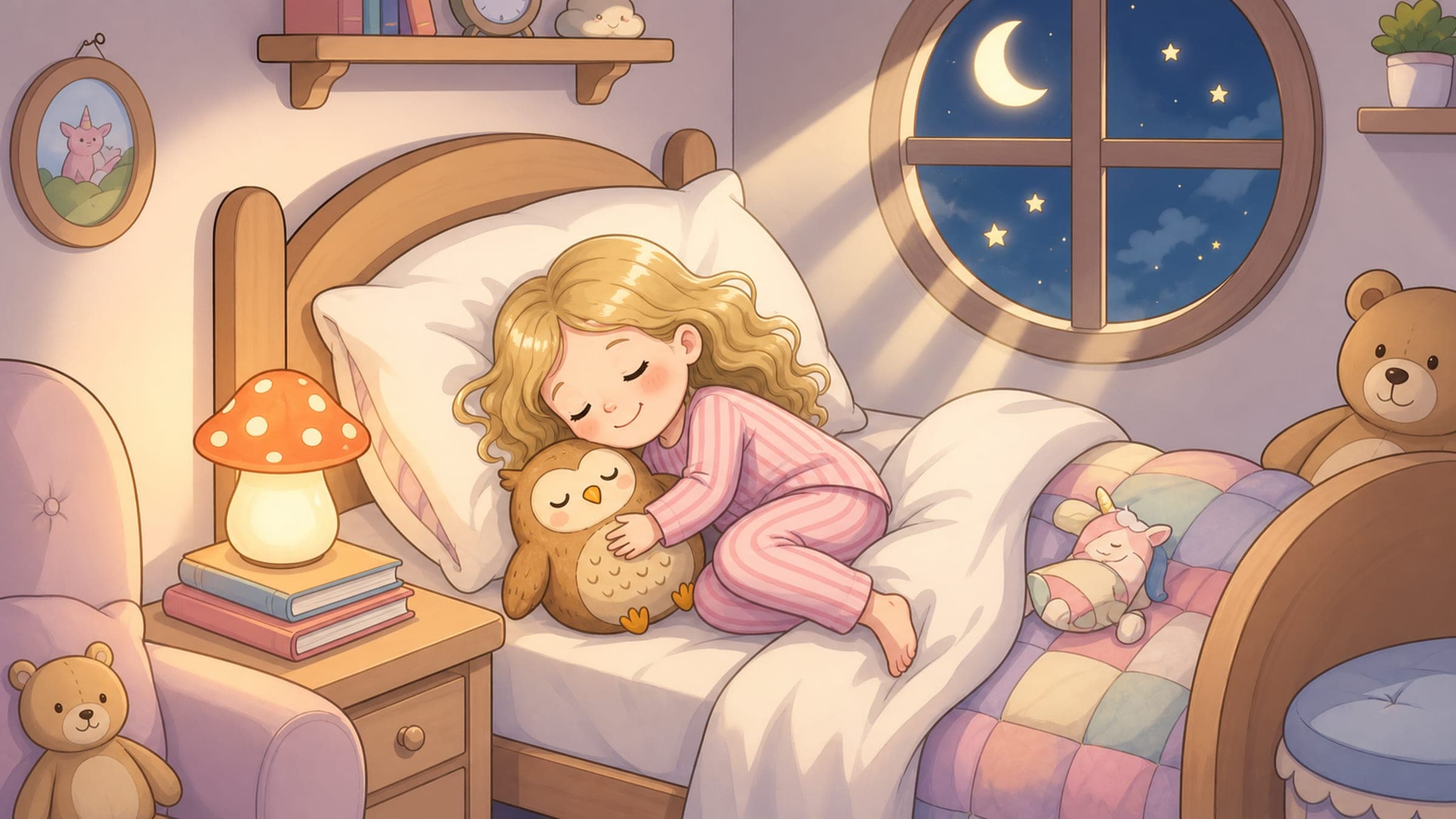 A little girl sleeping peacefully in her own cozy bedroom hugging a plush owl, in a gentle storybook illustration
