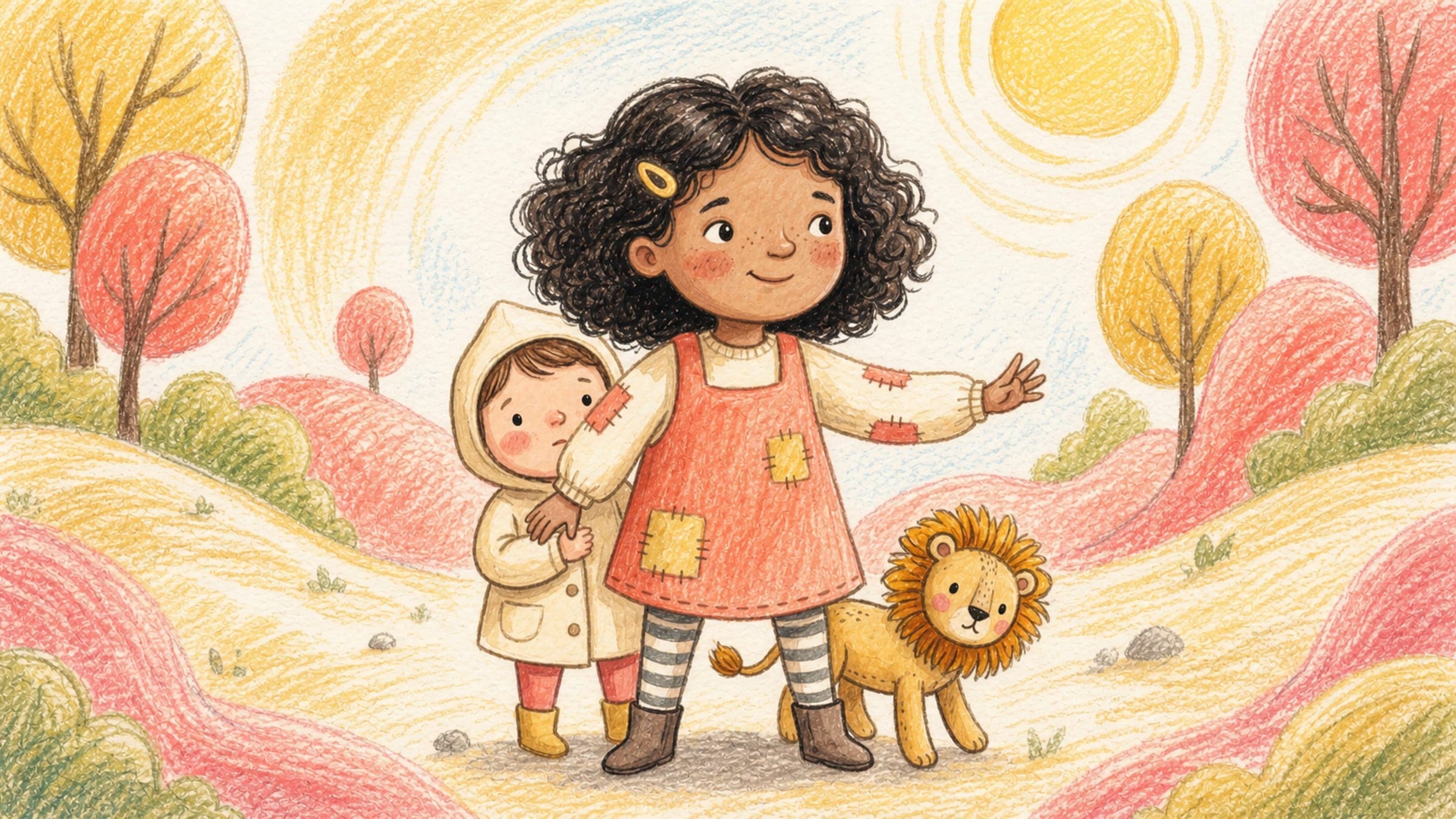 A brave kind girl standing protectively beside a smaller child with a stuffed lion, in a warm storybook illustration