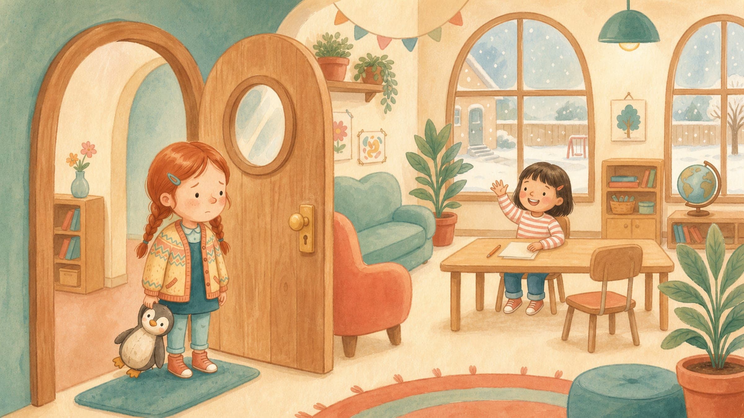 A girl arriving at a new classroom mid-year as a friendly classmate waves her over, holding a stuffed penguin, in a warm storybook illustration