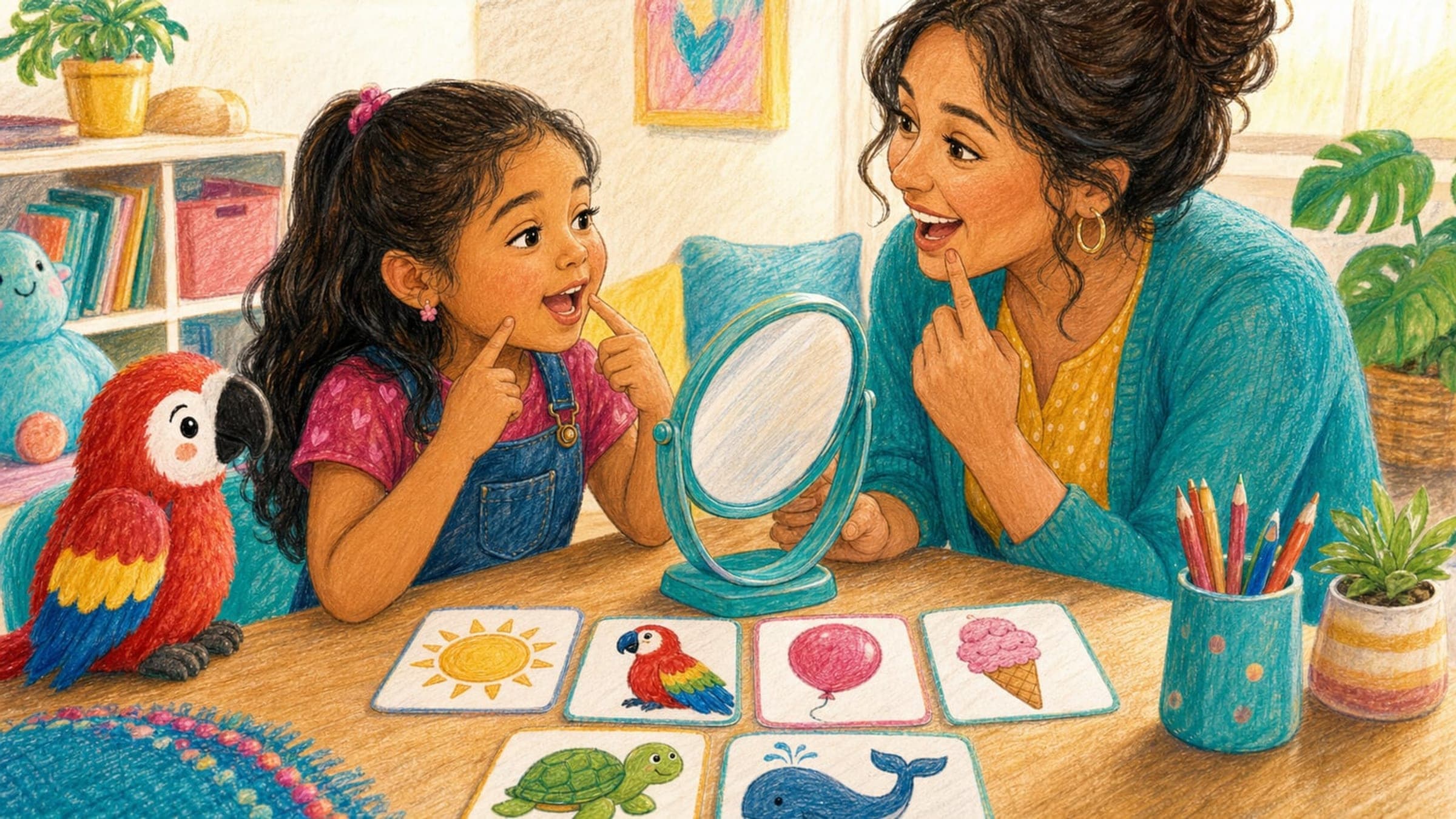 A happy girl practicing sounds with a friendly speech therapist and a stuffed parrot, in a warm storybook illustration