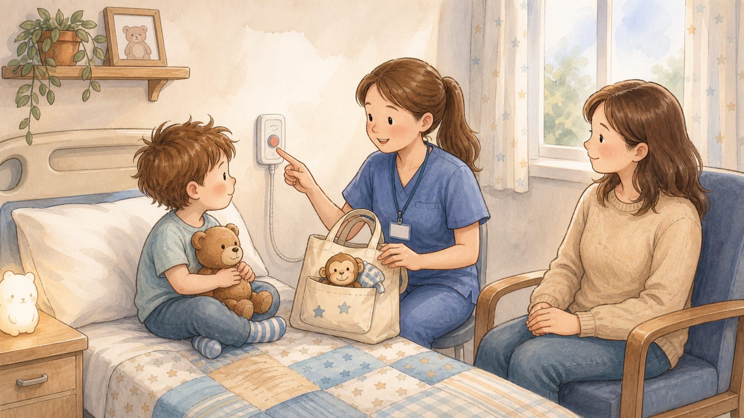 A calm boy in a hospital bed at night with a parent sleeping on a cot nearby and a stuffed monkey, in a warm storybook illustration