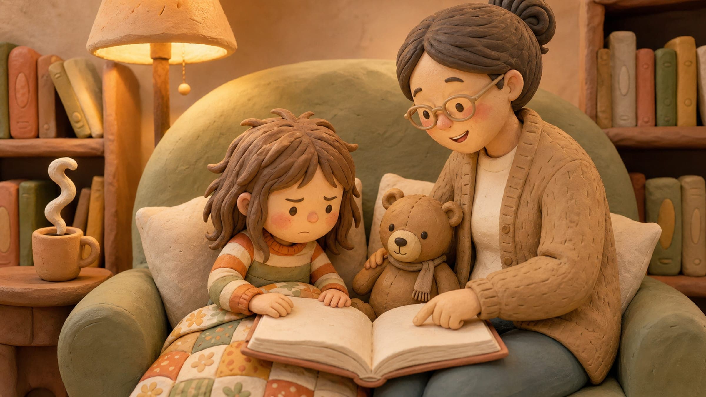 A determined girl patiently sounding out a word with an encouraging grown-up and a stuffed bear, in a warm storybook illustration