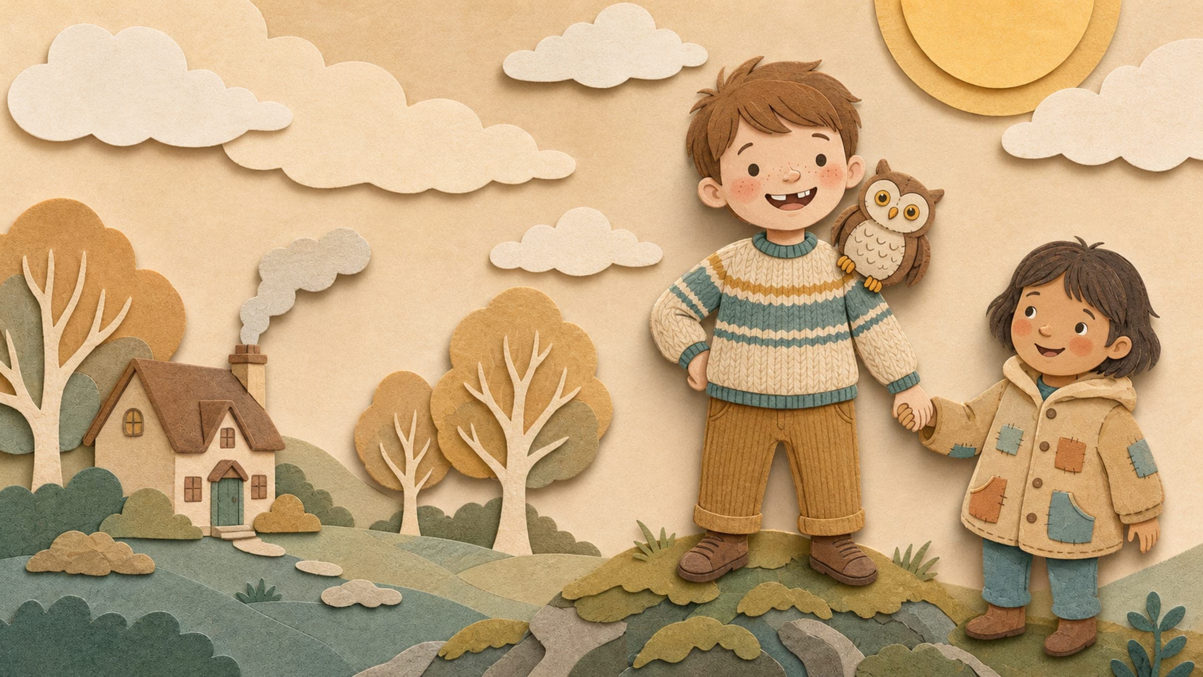 A confident proud boy with a unique feature standing tall with a supportive friend and a stuffed owl, in a warm storybook illustration