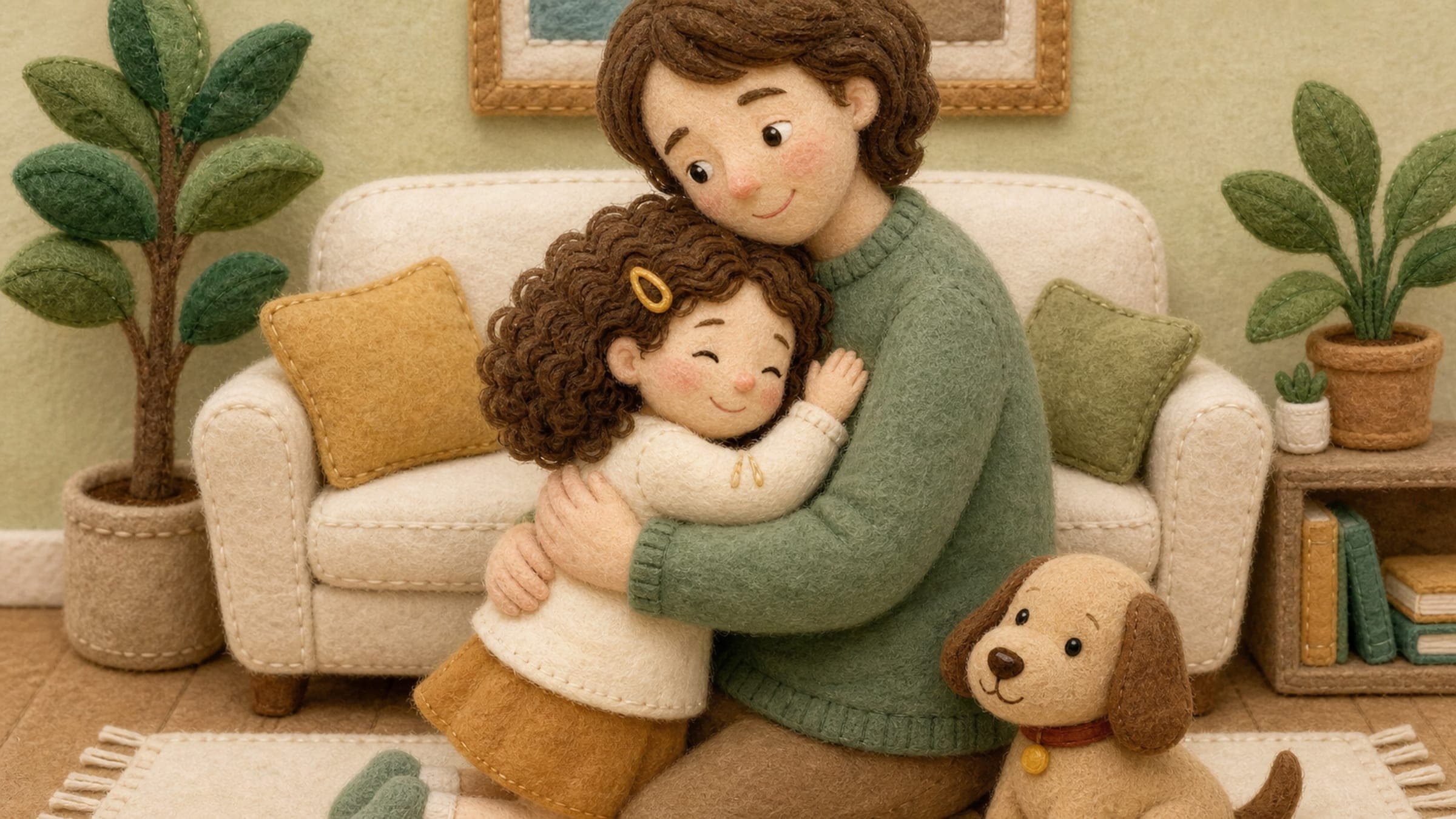 A girl honestly telling the truth to an understanding parent who hugs her, with a stuffed dog, in a warm storybook illustration