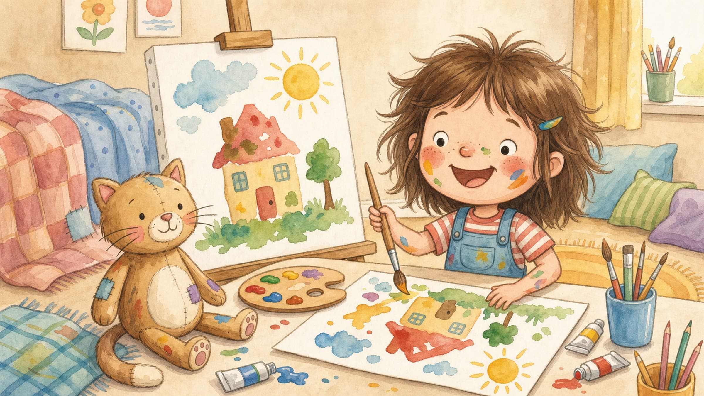 A girl happily painting a joyfully imperfect picture and smiling, with a stuffed cat, in a warm storybook illustration