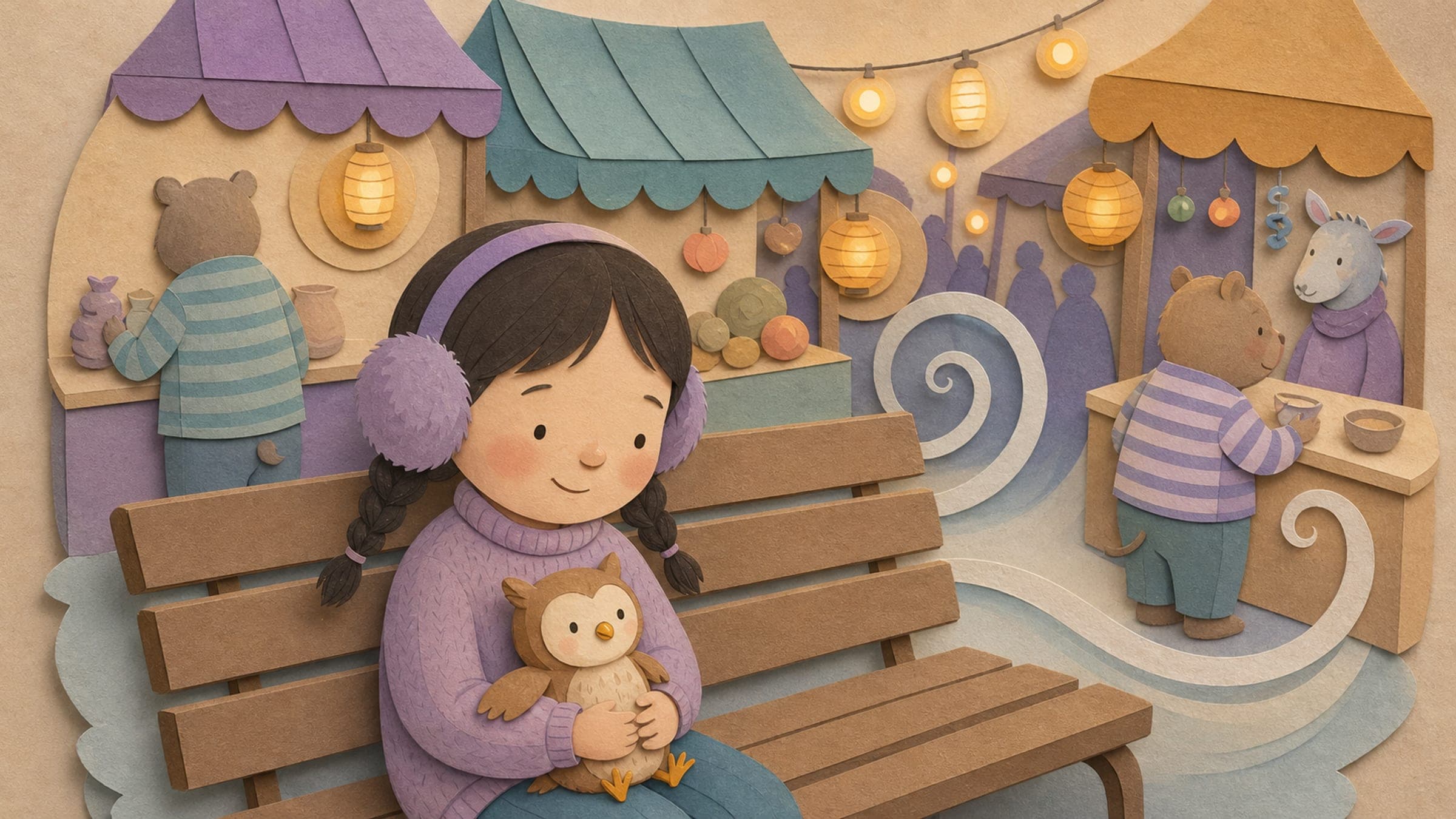 A girl staying calm in a busy place using ear-protection headphones and a calm-down card with a stuffed owl, in a warm storybook illustration