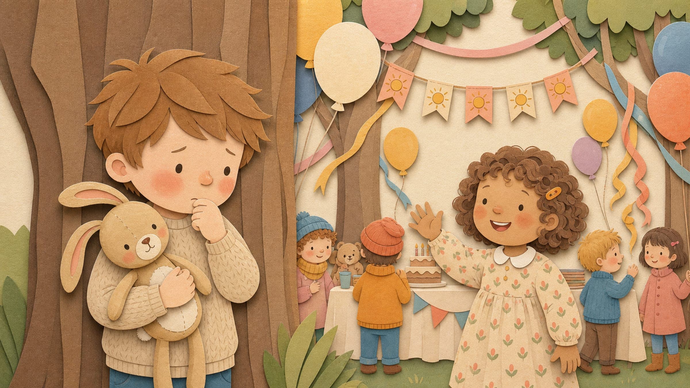 A shy boy at the edge of a birthday party being gently welcomed in, holding a stuffed rabbit, in a warm storybook illustration