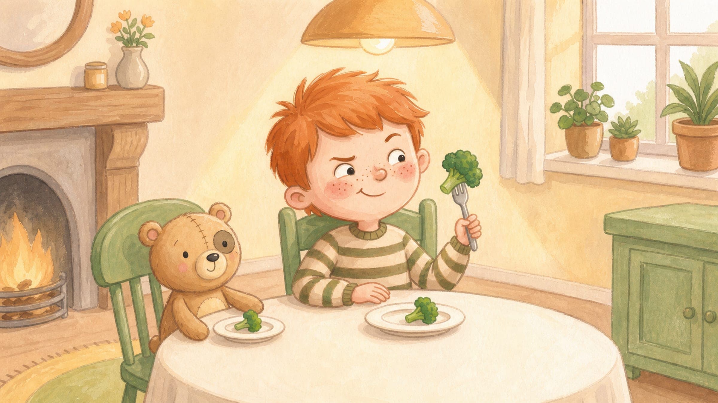 A curious boy bravely eyeing a piece of broccoli on his fork at the table with a stuffed bear, in a warm storybook illustration