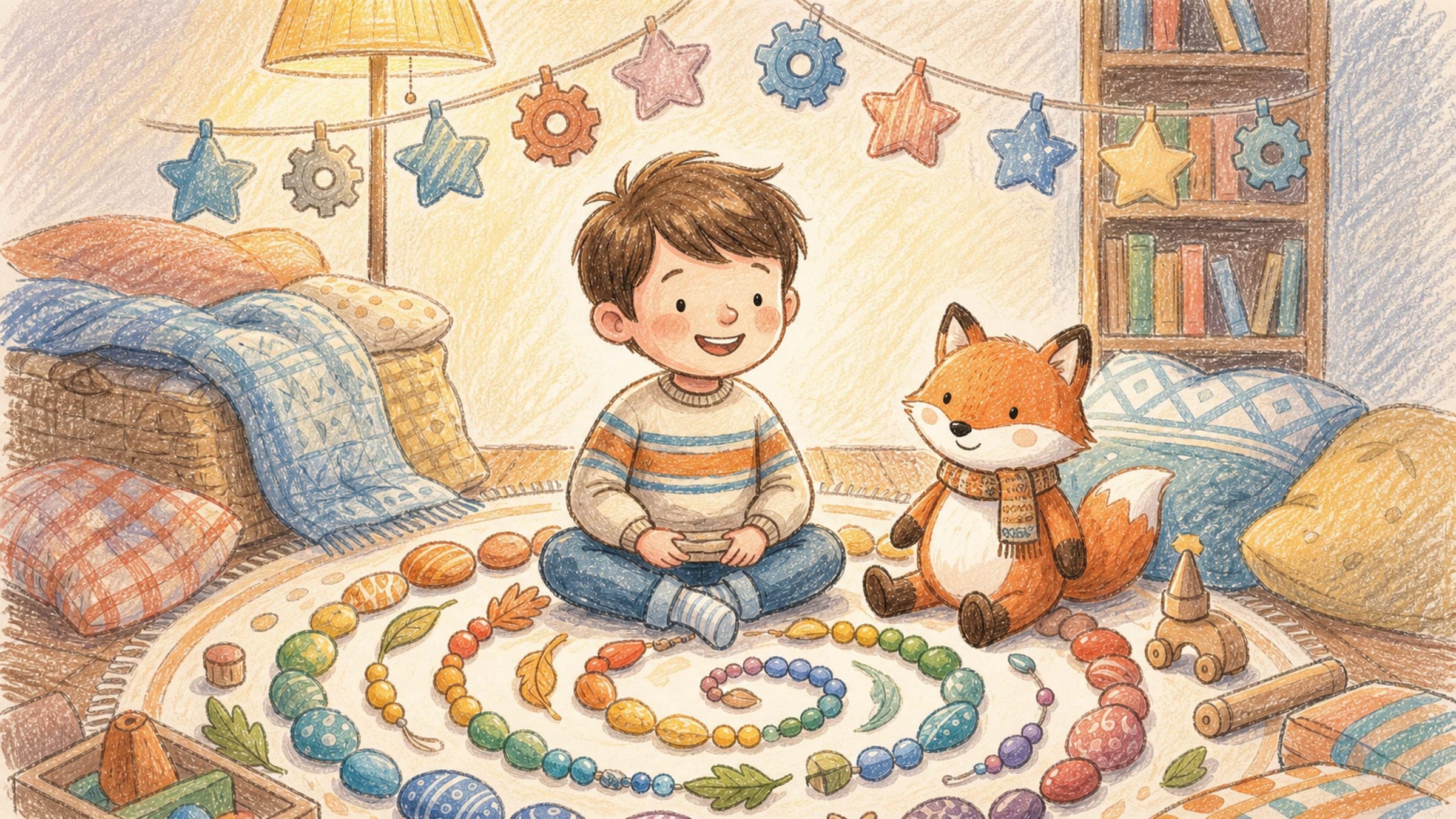 A joyful boy happily absorbed in a special interest arranging colorful objects, celebrated, with a stuffed fox, in a warm storybook illustration