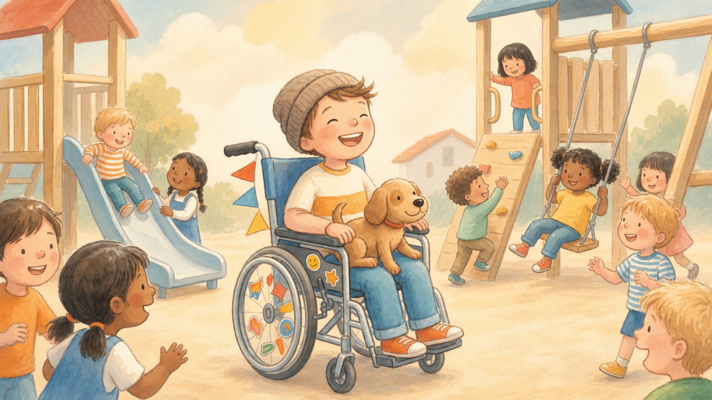 A joyful boy who uses a decorated wheelchair playing happily and included with friends, a stuffed dog on his lap, in a warm storybook illustration