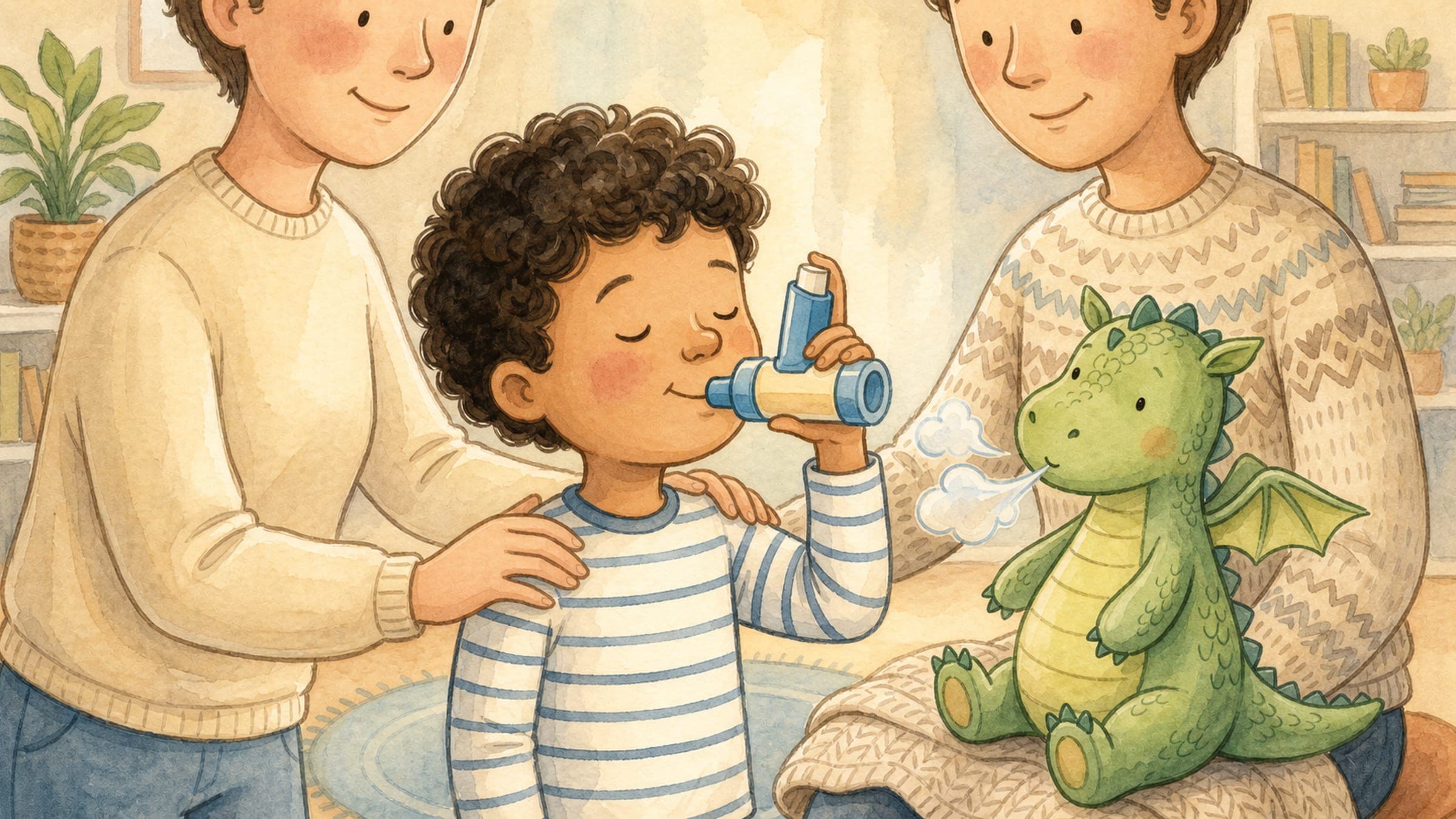 A calm boy using an asthma inhaler with a spacer and a stuffed dragon, in a warm storybook illustration