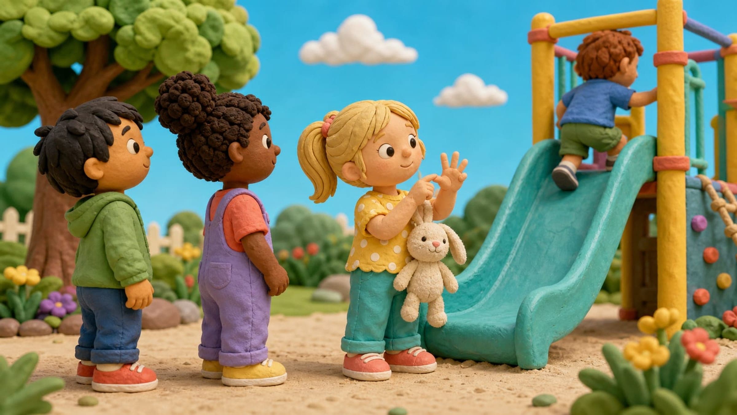 A girl waiting patiently for her turn on a slide with a stuffed rabbit, in a warm storybook illustration