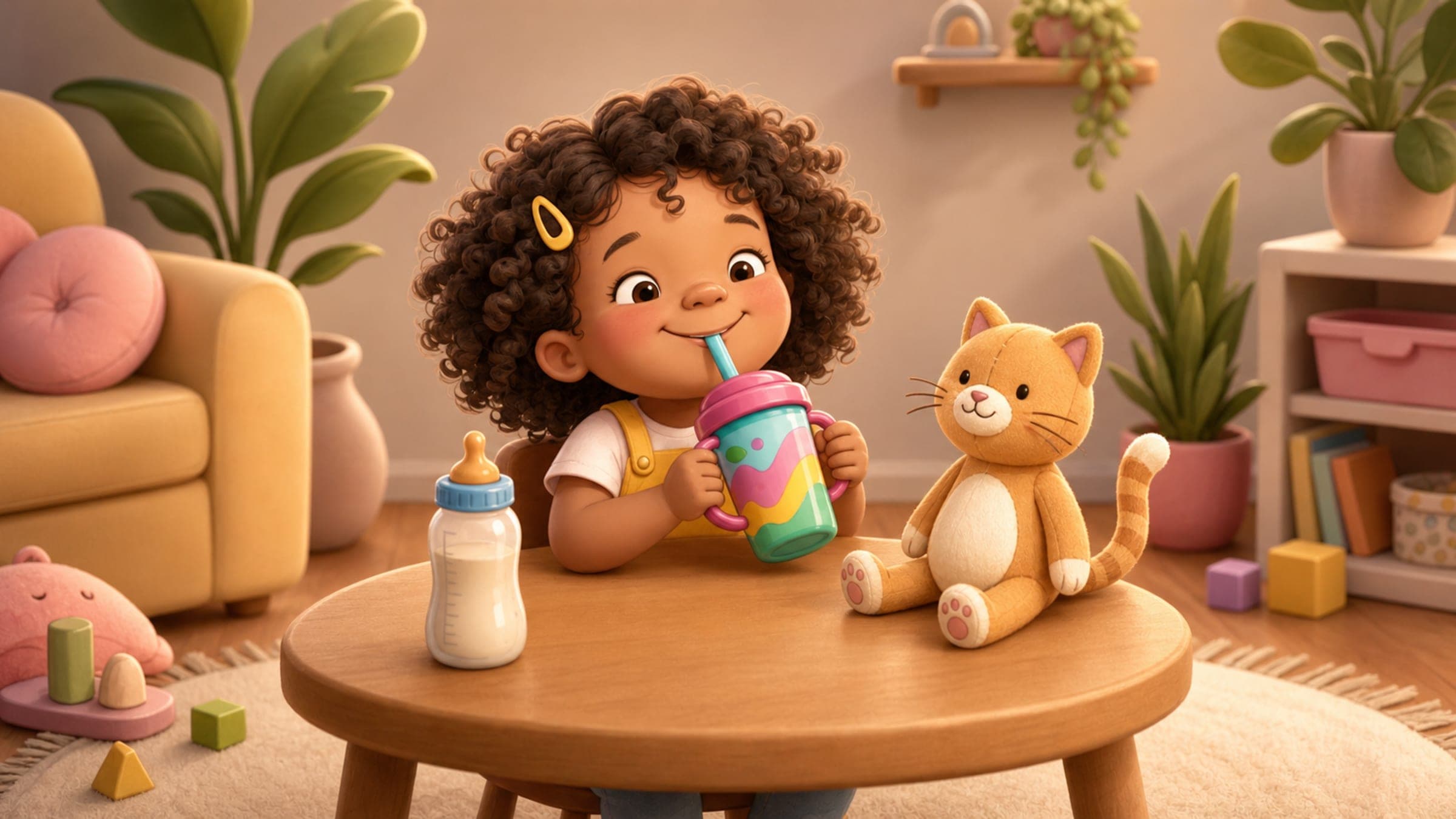 A proud girl drinking from a big-kid cup with her baby bottle set aside and a stuffed cat, in a warm storybook illustration