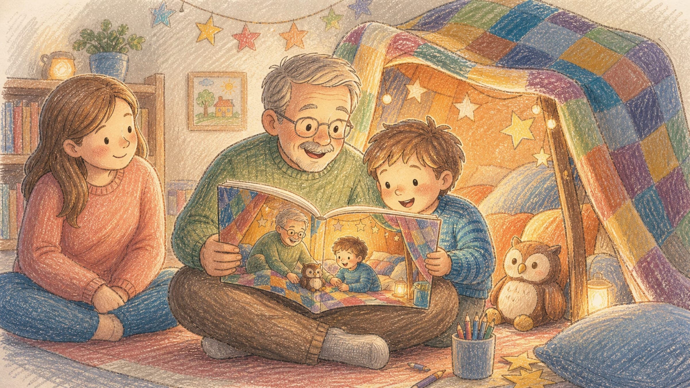 A warmly illustrated family scene made as a personal storybook gift