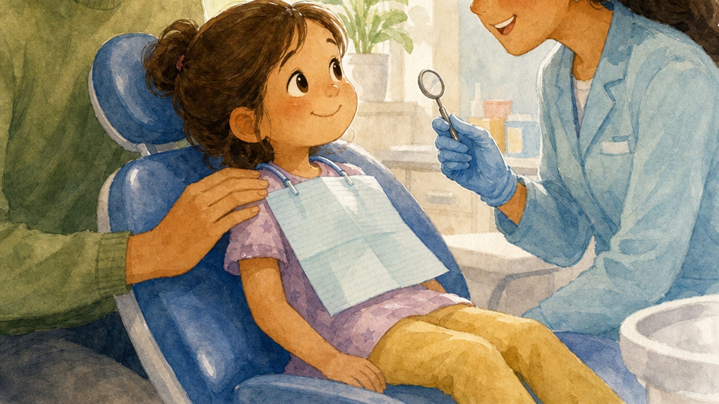 A calm young girl in a dental chair, bib on, smiling up at a friendly dentist showing her a small mirror, while her dad rests a reassuring hand on her shoulder, in a warm watercolor illustration
