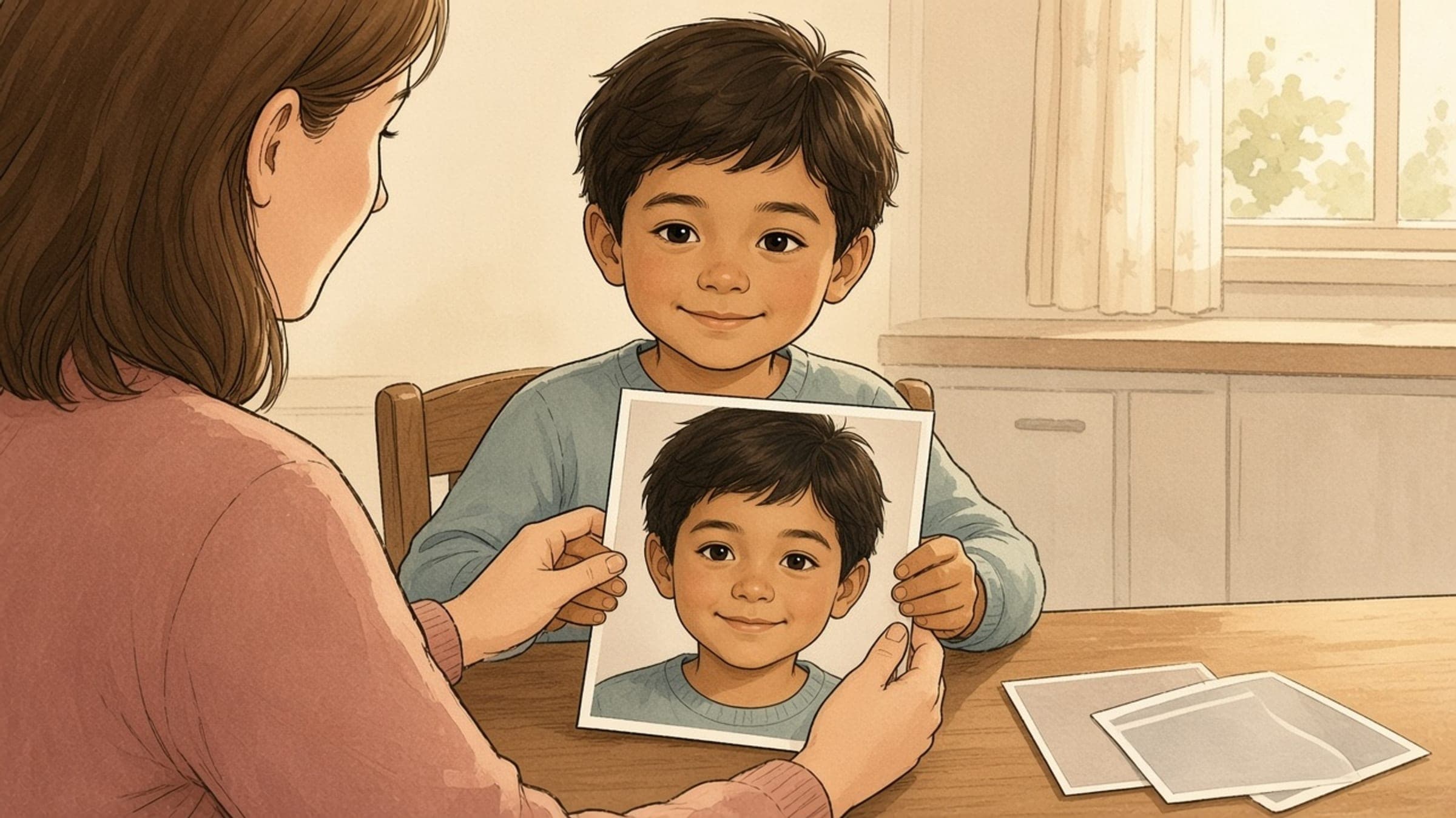 A Latino/Hispanic preschool boy with warm medium-brown skin, dark brown wavy hair, and dark brown eyes sits at a kitchen table beside a parent and holds up one clear portrait while two weaker photos lie face-down