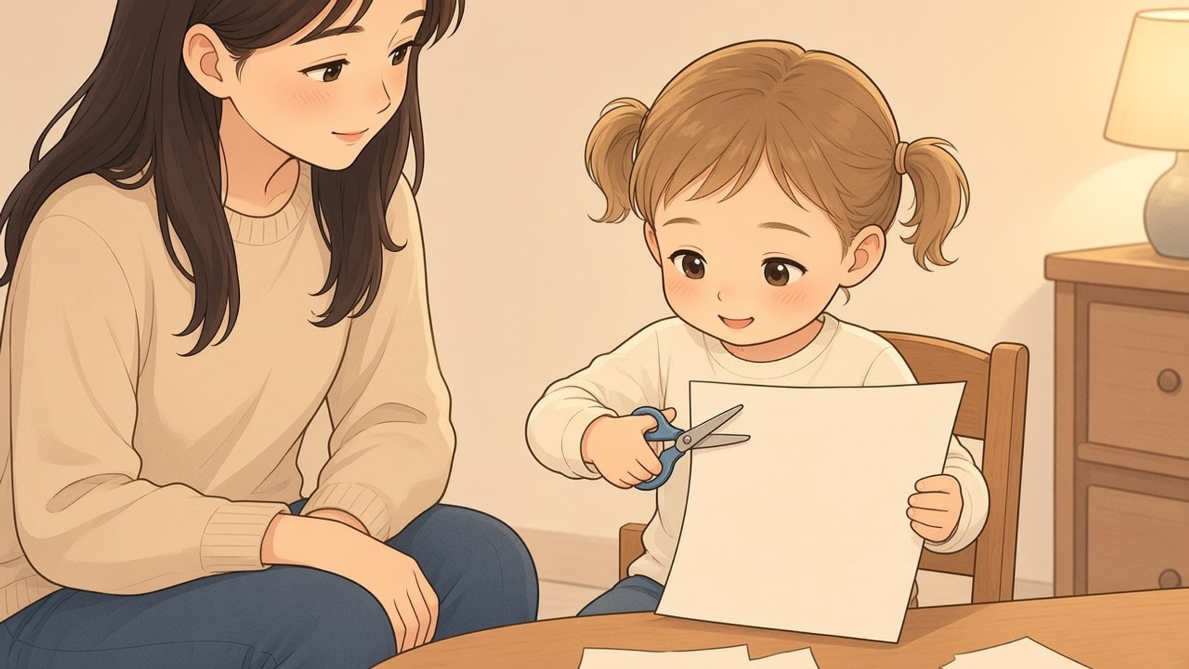 A White preschool-age girl with fair skin and blonde hair sits at a craft table snipping paper with blunt-tip training scissors while a calm caregiver stays within arm's reach, in a soft anime storybook illustration