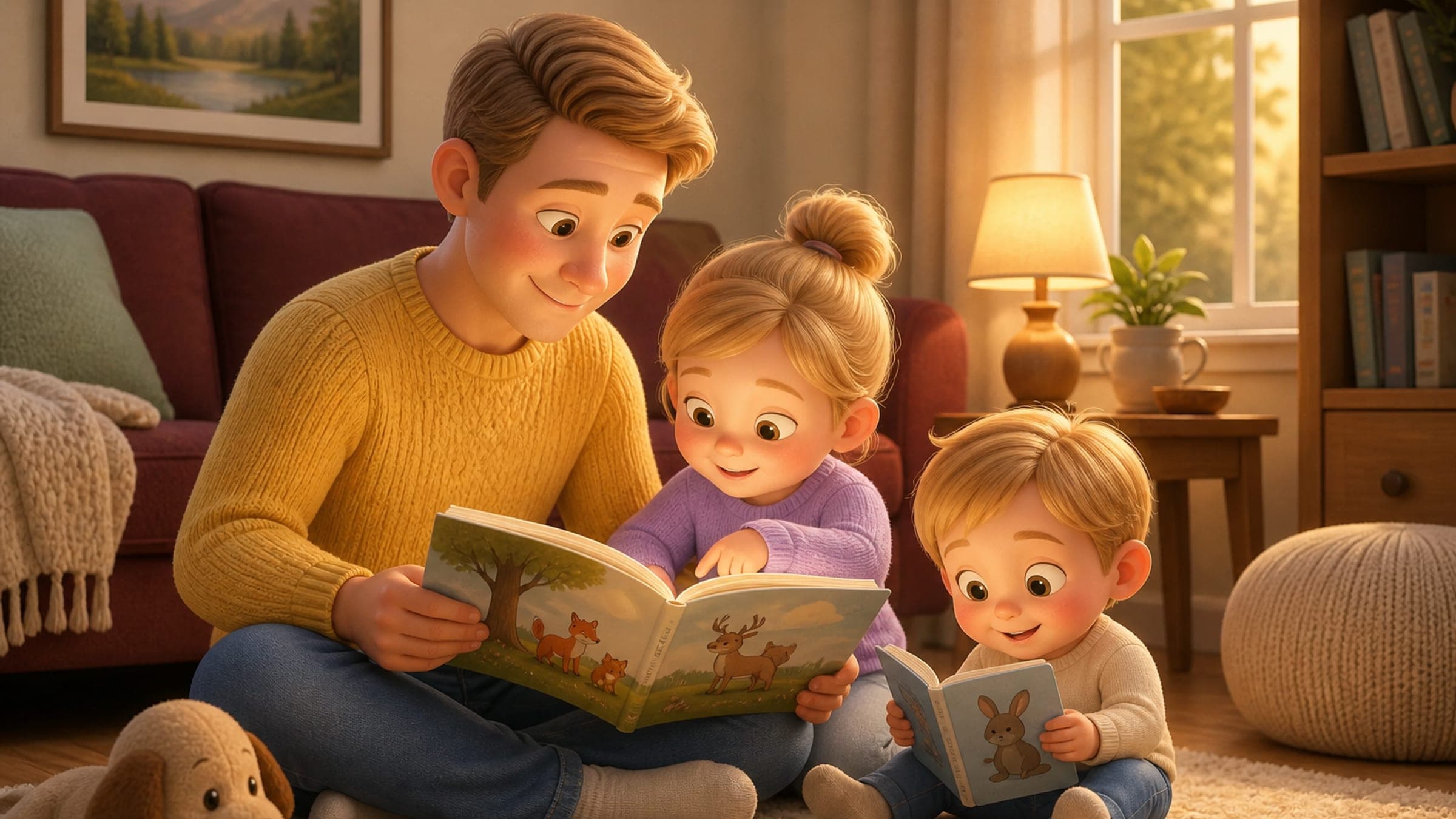 A father and preschooler share an illustrated picture book while a toddler looks at a board book