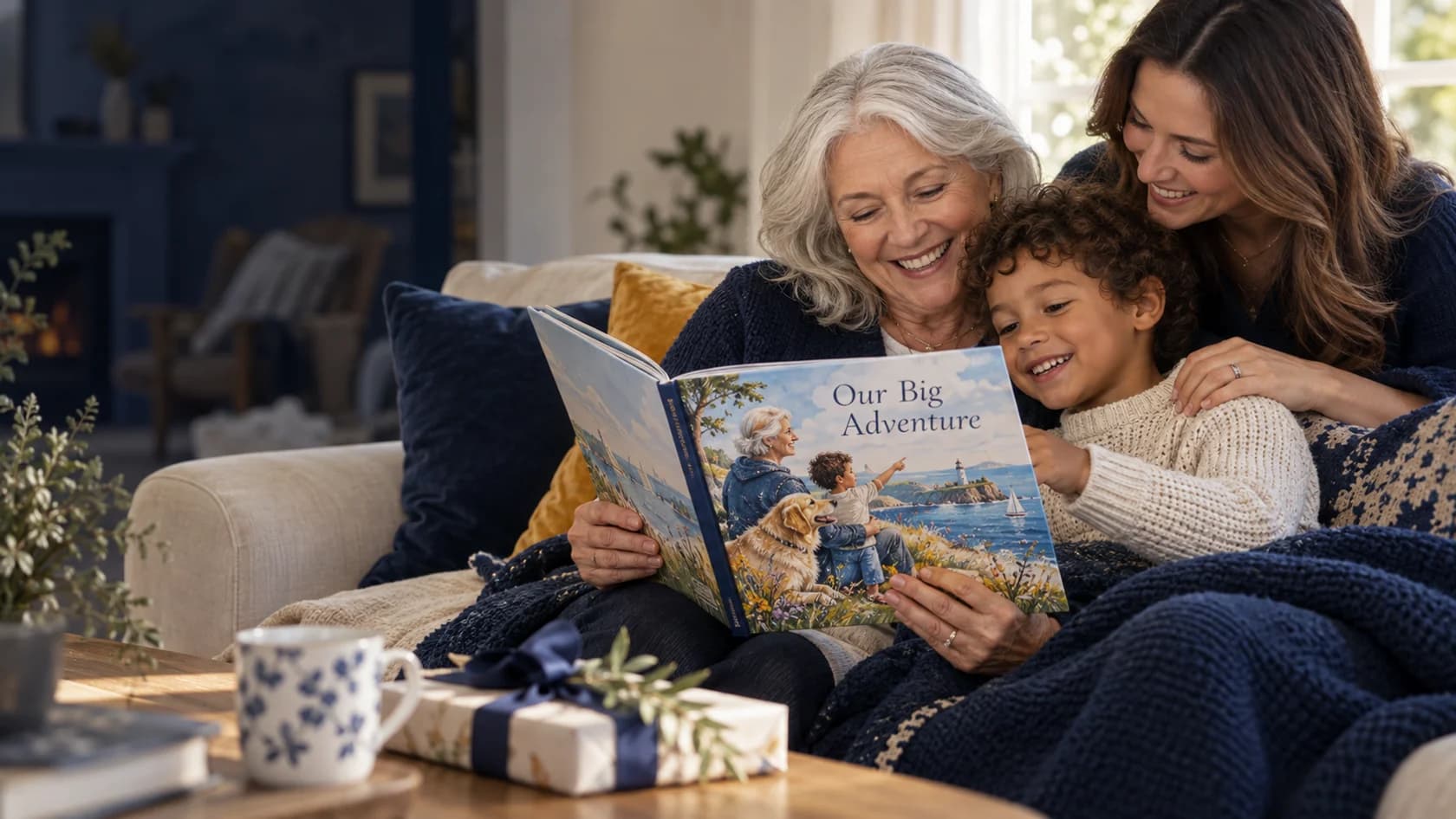 A grandmother and family sharing an illustrated keepsake storybook