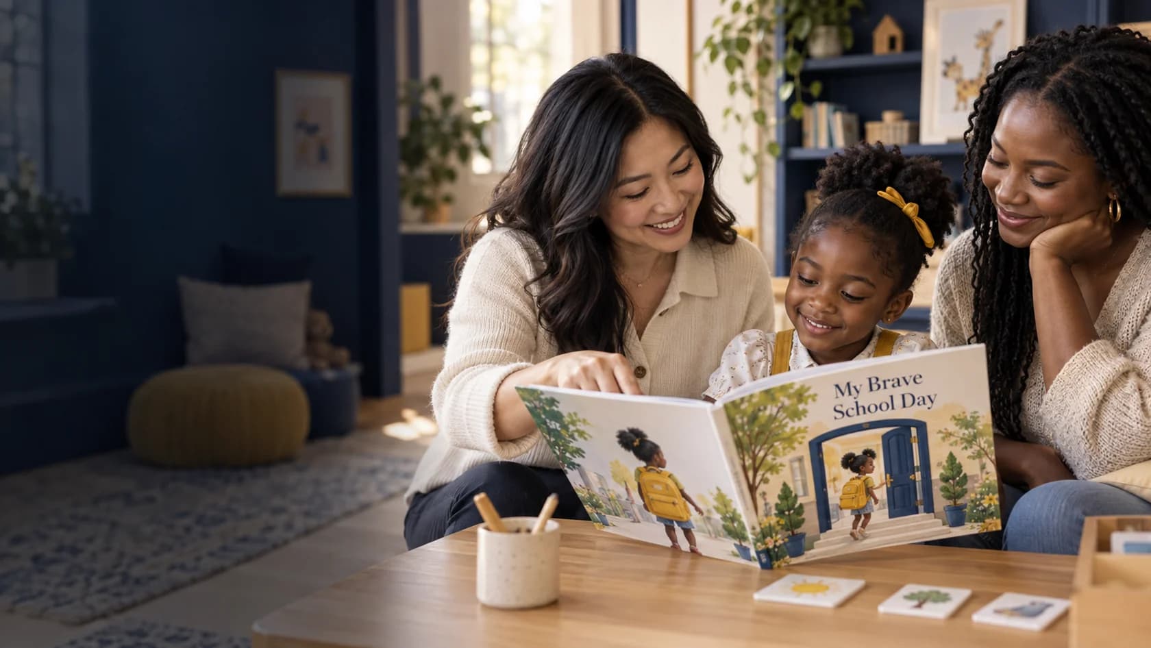 An educator, parent and child exploring an illustrated school story together
