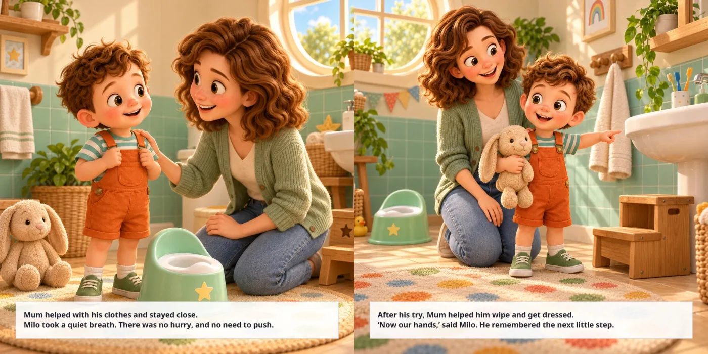 Two exact print-layout pages from Milo’s complete gentle potty-practice sample