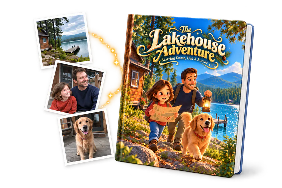 Three family snapshots becoming The Lakehouse Adventure, a finished personalized hardcover starring Emma, Dad, and Biscuit