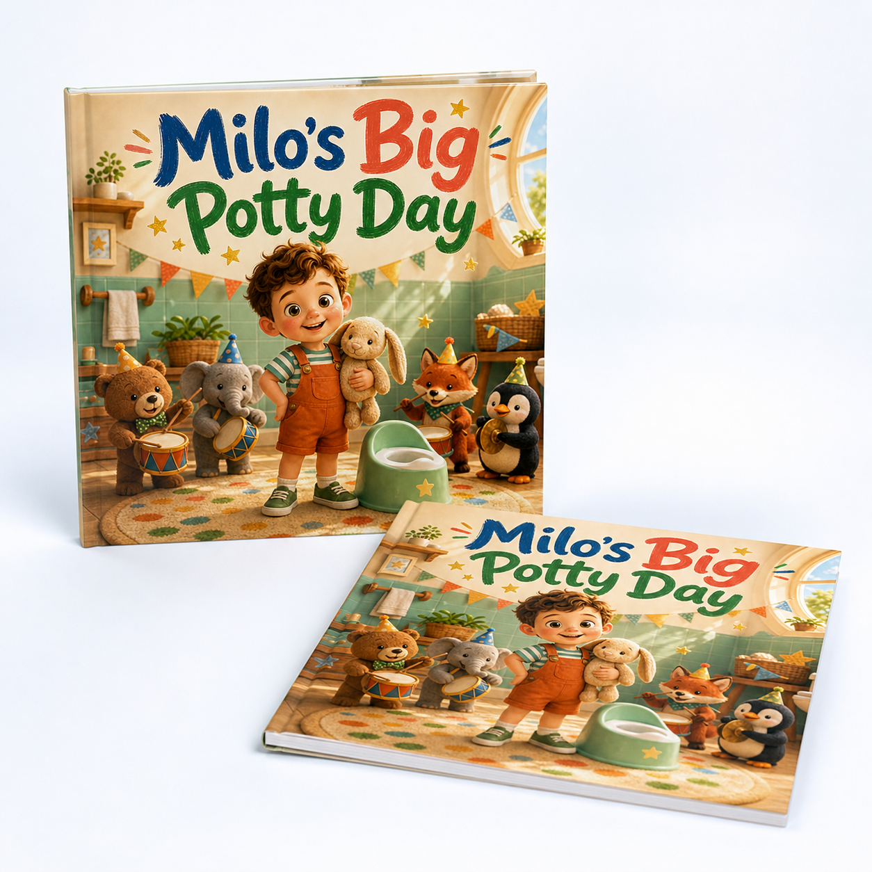 Sample hardcover and softcover editions of the potty-training storybook
