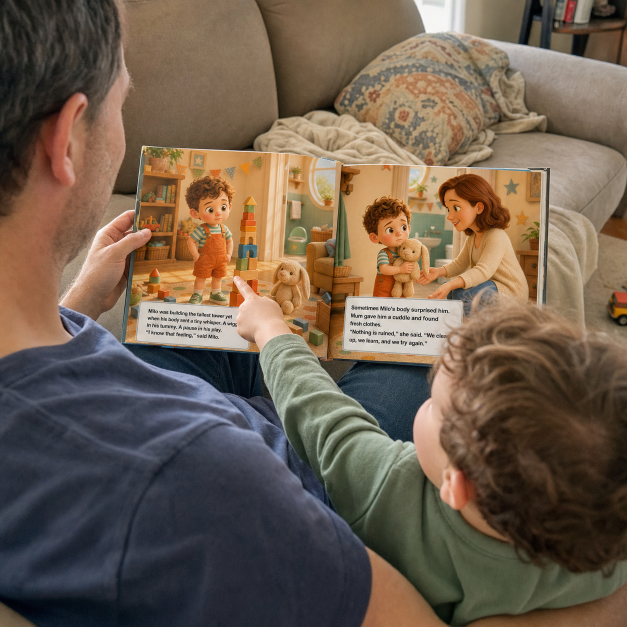 A parent and child reading the sample potty-training book together